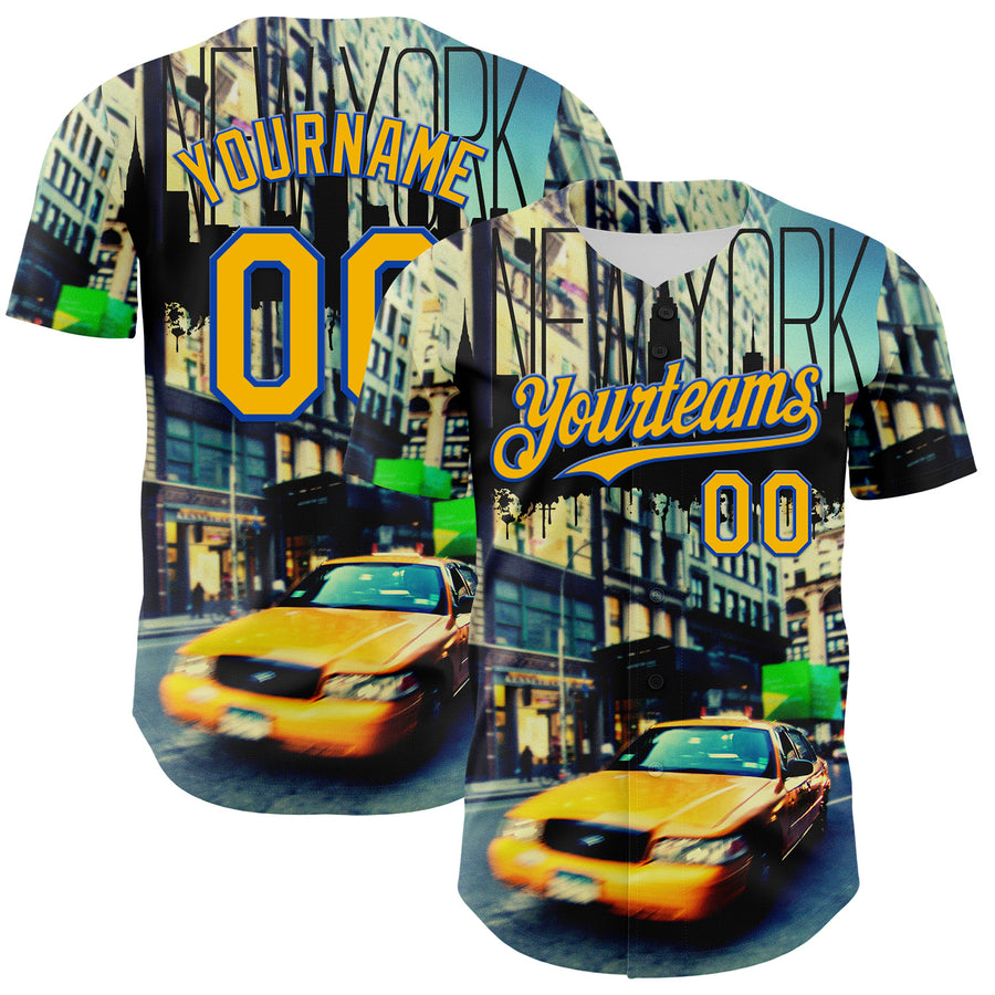 Custom Green Gold-Thunder Blue 3D Pattern Design New York Cityscape Statue Of Liberty Authentic Baseball Jersey
