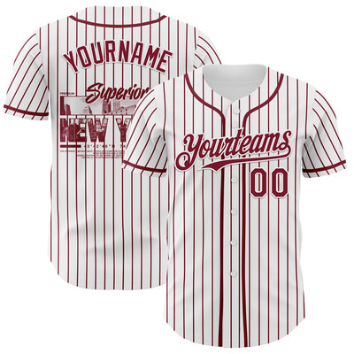 Custom White Crimson Pinstripe Crimson 3D Pattern Design New York Cityscape Authentic Baseball Jersey