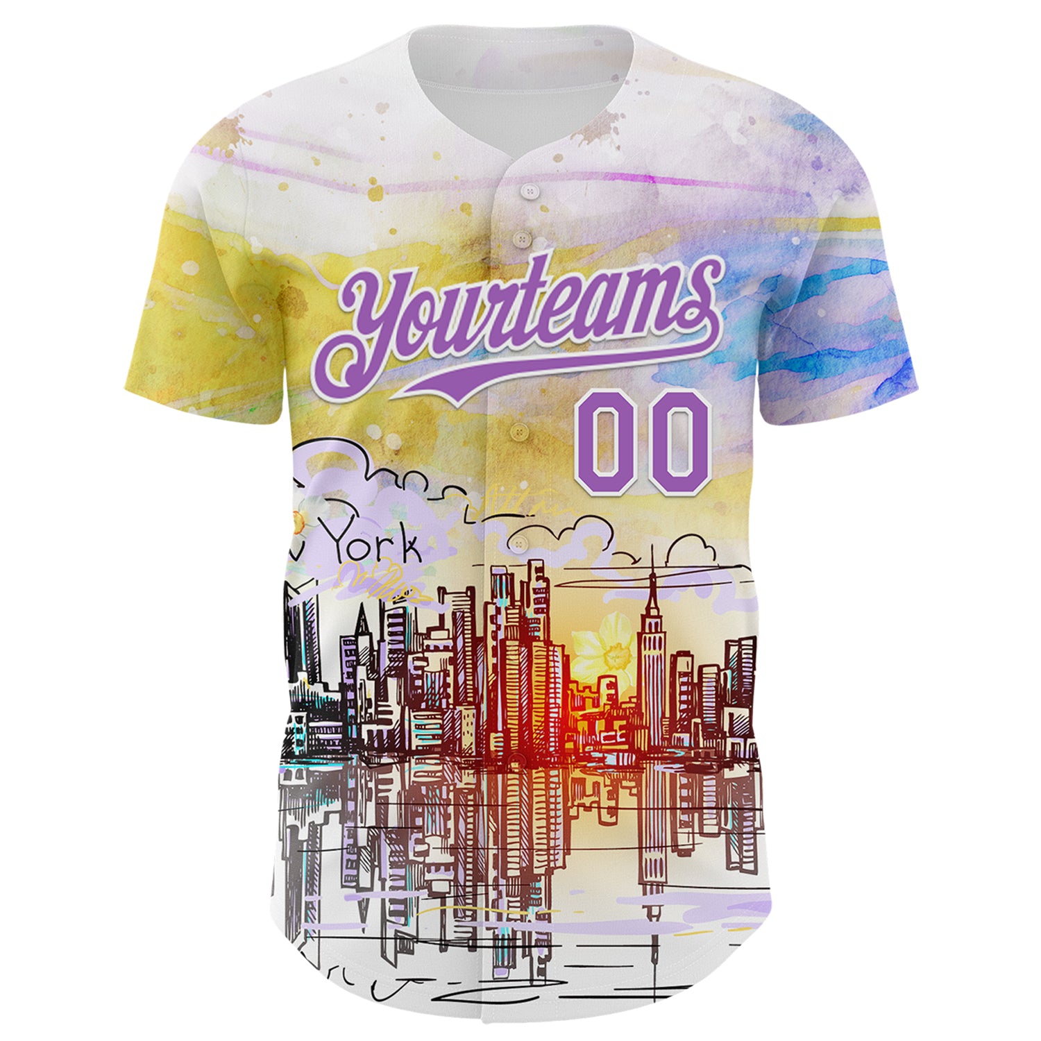 Custom White Medium Purple 3D Pattern Design New York Cityscape Sunrise Authentic Baseball Jersey