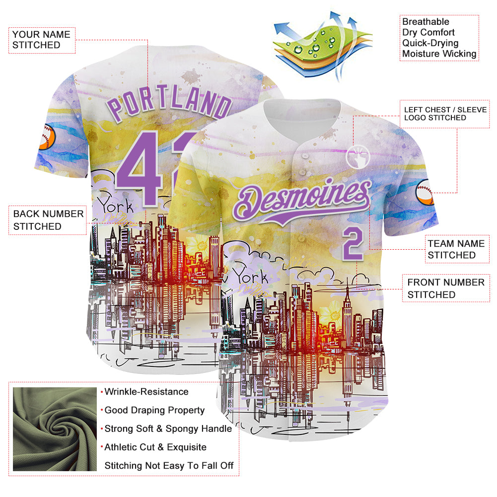 Custom White Medium Purple 3D Pattern Design New York Cityscape Sunrise Authentic Baseball Jersey