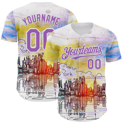 Custom White Medium Purple 3D Pattern Design New York Cityscape Sunrise Authentic Baseball Jersey