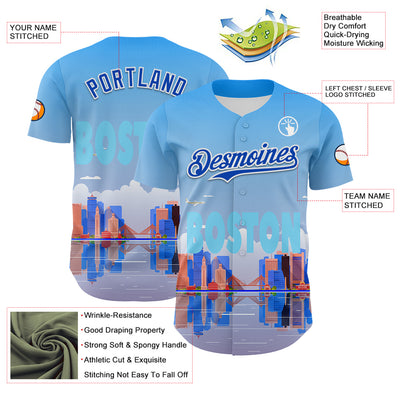 Custom Blue Thunder Blue-White 3D Pattern Design Boston Cityscape Skyline Authentic Baseball Jersey