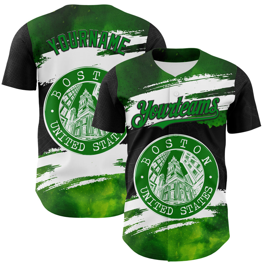 Custom Black Grass Green-White 3D Pattern Design Boston Cityscape Stamp Authentic Baseball Jersey