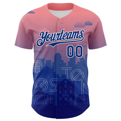 Custom Pink Royal Blue-White 3D Pattern Design Boston Cityscape Sunset Authentic Baseball Jersey