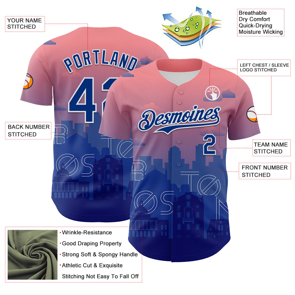 Custom Pink Royal Blue-White 3D Pattern Design Boston Cityscape Sunset Authentic Baseball Jersey