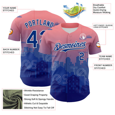Custom Pink Royal Blue-White 3D Pattern Design Boston Cityscape Sunset Authentic Baseball Jersey