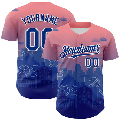 Custom Pink Royal Blue-White 3D Pattern Design Boston Cityscape Sunset Authentic Baseball Jersey