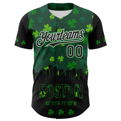 Custom Black White-Grass Green 3D Pattern Design Boston Cityscape Shamrock Authentic St. Patrick's Day Baseball Jersey