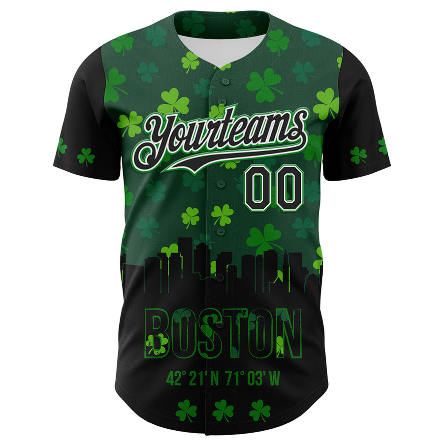 Custom Black White-Grass Green 3D Pattern Design Boston Cityscape Shamrock Authentic St. Patrick's Day Baseball Jersey