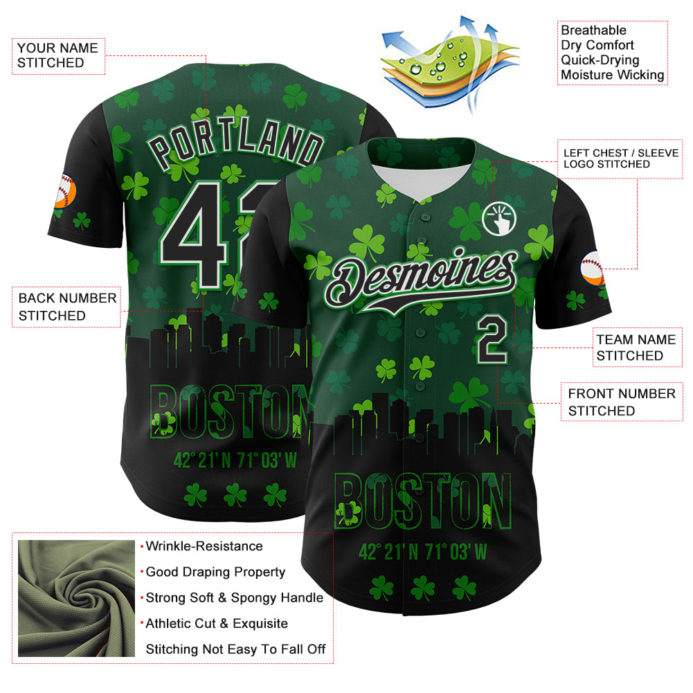 Custom Black White-Grass Green 3D Pattern Design Boston Cityscape Shamrock Authentic St. Patrick's Day Baseball Jersey