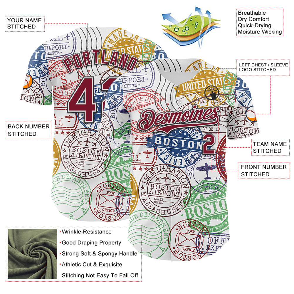 Custom White Crimson-Black 3D Pattern Design Boston Cityscape Stamp Authentic Baseball Jersey