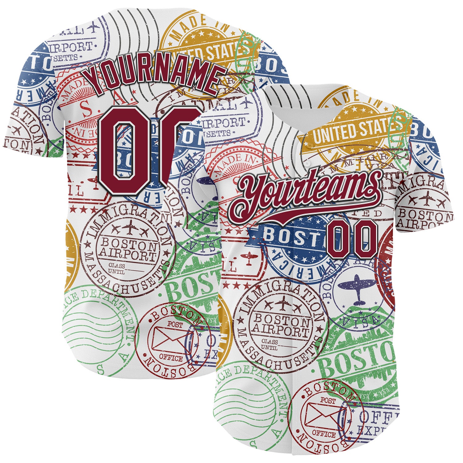 Custom White Crimson-Black 3D Pattern Design Boston Cityscape Stamp Authentic Baseball Jersey