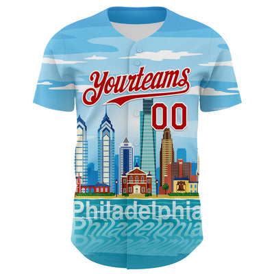 Custom Blue Red-White 3D Pattern Design Philadelphia Cityscape Skyline Authentic Baseball Jersey