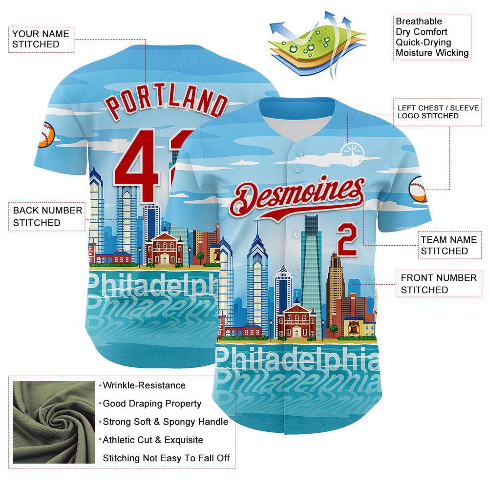 Custom Blue Red-White 3D Pattern Design Philadelphia Cityscape Skyline Authentic Baseball Jersey