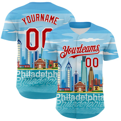 Custom Blue Red-White 3D Pattern Design Philadelphia Cityscape Skyline Authentic Baseball Jersey