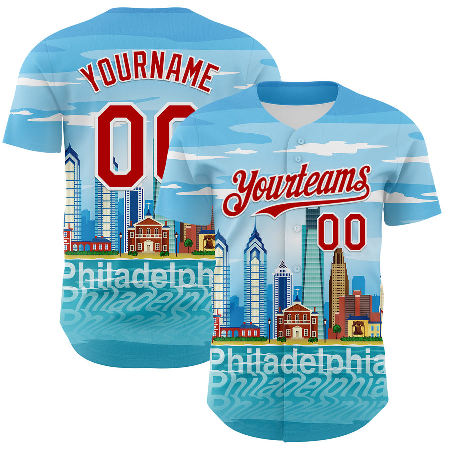 Custom Blue Red-White 3D Pattern Design Philadelphia Cityscape Skyline Authentic Baseball Jersey