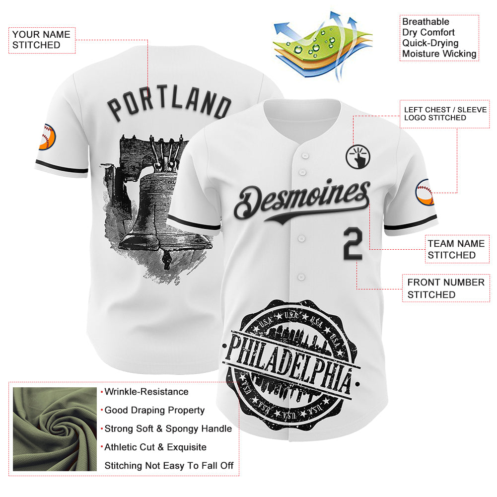 Custom White Black 3D Pattern Design Philadelphia Cityscape Liberty Bell Authentic Baseball Jersey