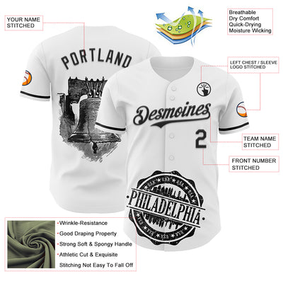 Custom White Black 3D Pattern Design Philadelphia Cityscape Liberty Bell Authentic Baseball Jersey