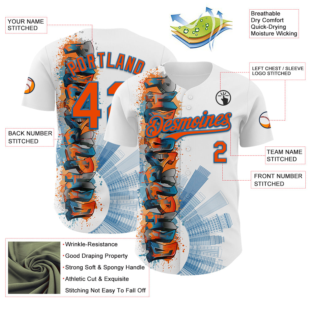 Custom White Orange-Blue 3D Pattern Design Philadelphia Cityscape Skyline Authentic Baseball Jersey