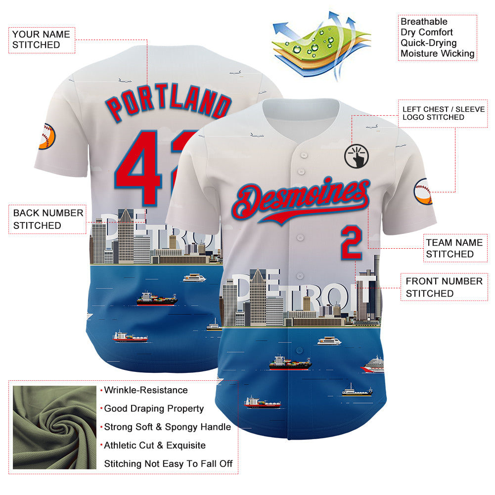 Custom White Fire Red-Blue 3D Pattern Design Detroit Cityscape Skyline Authentic Baseball Jersey
