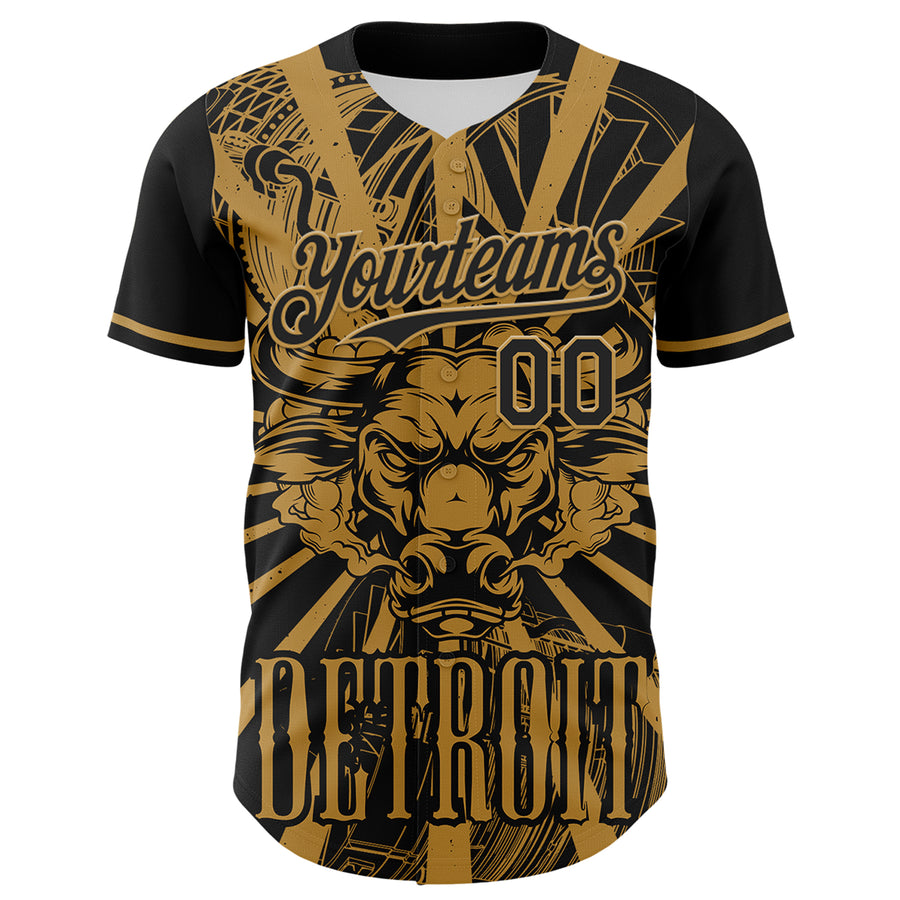 Custom Black Old Gold 3D Pattern Design Detroit Cityscape Steampunk Engine Bull Authentic Baseball Jersey