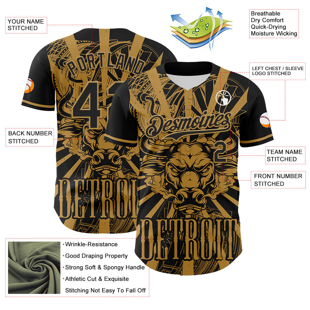 Custom Black Old Gold 3D Pattern Design Detroit Cityscape Steampunk Engine Bull Authentic Baseball Jersey
