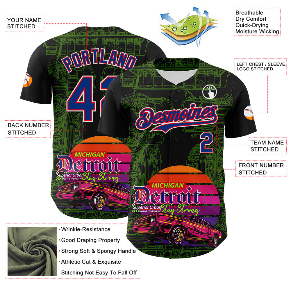 Custom Black Royal Green Fire Red-White 3D Pattern Design Detroit Cityscape Muscle Car Engine Authentic Baseball Jersey
