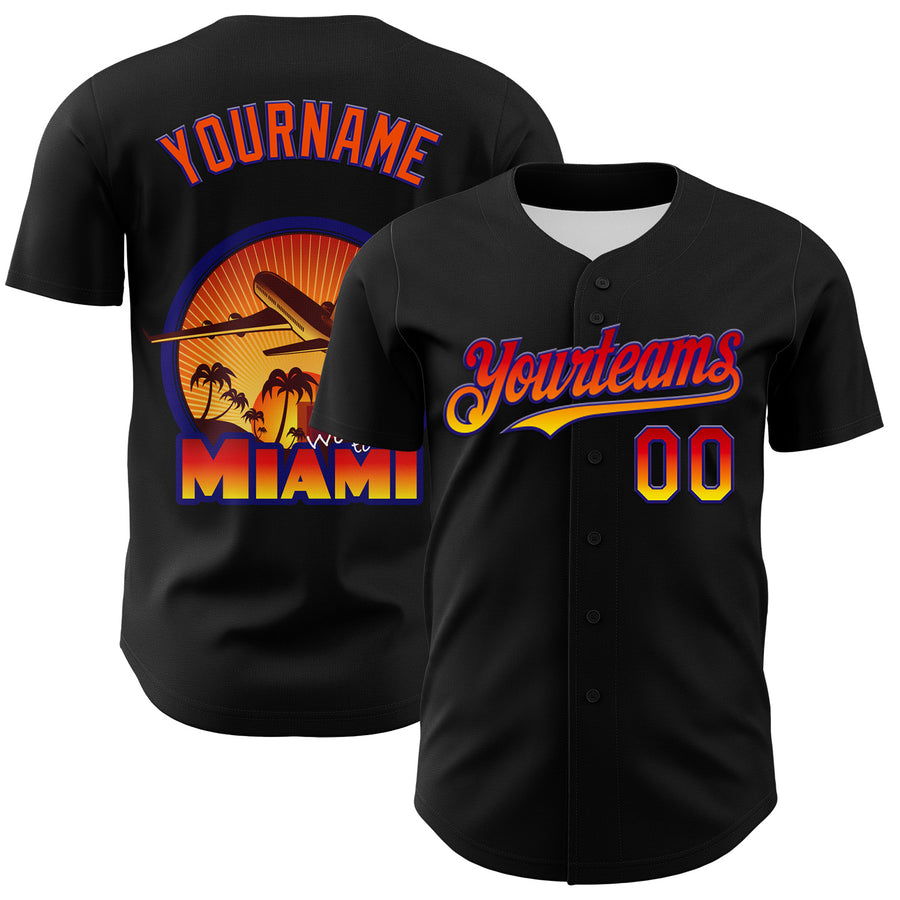 Custom Black Orange-Dark Purple 3D Pattern Design Gradient Miami Cityscape Sunset Authentic Baseball Jersey