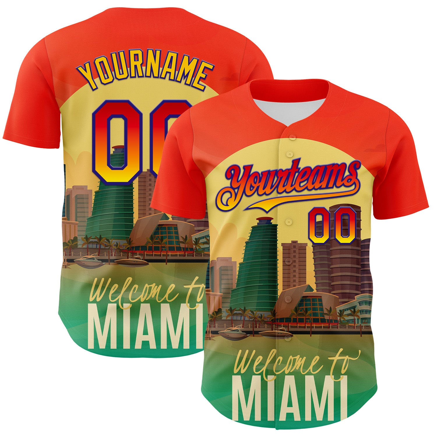 Custom Gradient Miami Cityscape Sunset Authentic Baseball Jersey