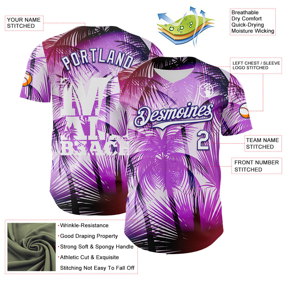 Custom Purple White-Dark Purple 3D Pattern Design Gradient Miami Cityscape Hawaii Tropical Palm Tree Authentic Baseball Jersey