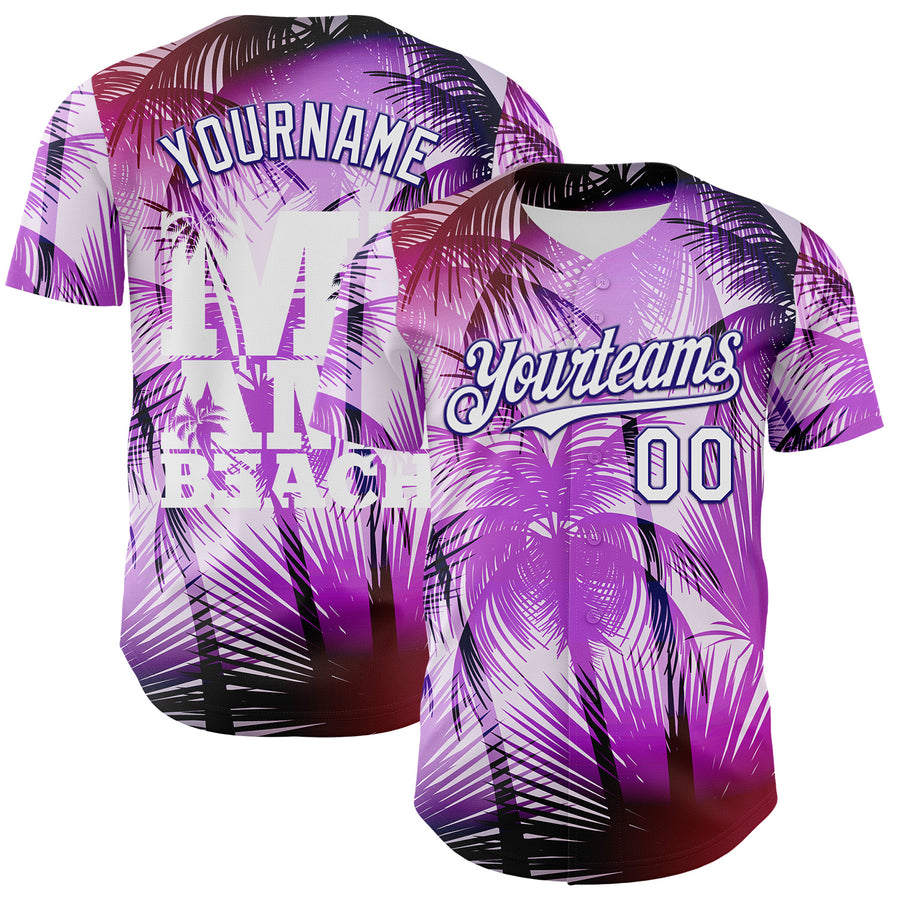 Custom Purple White-Dark Purple 3D Pattern Design Gradient Miami Cityscape Hawaii Tropical Palm Tree Authentic Baseball Jersey