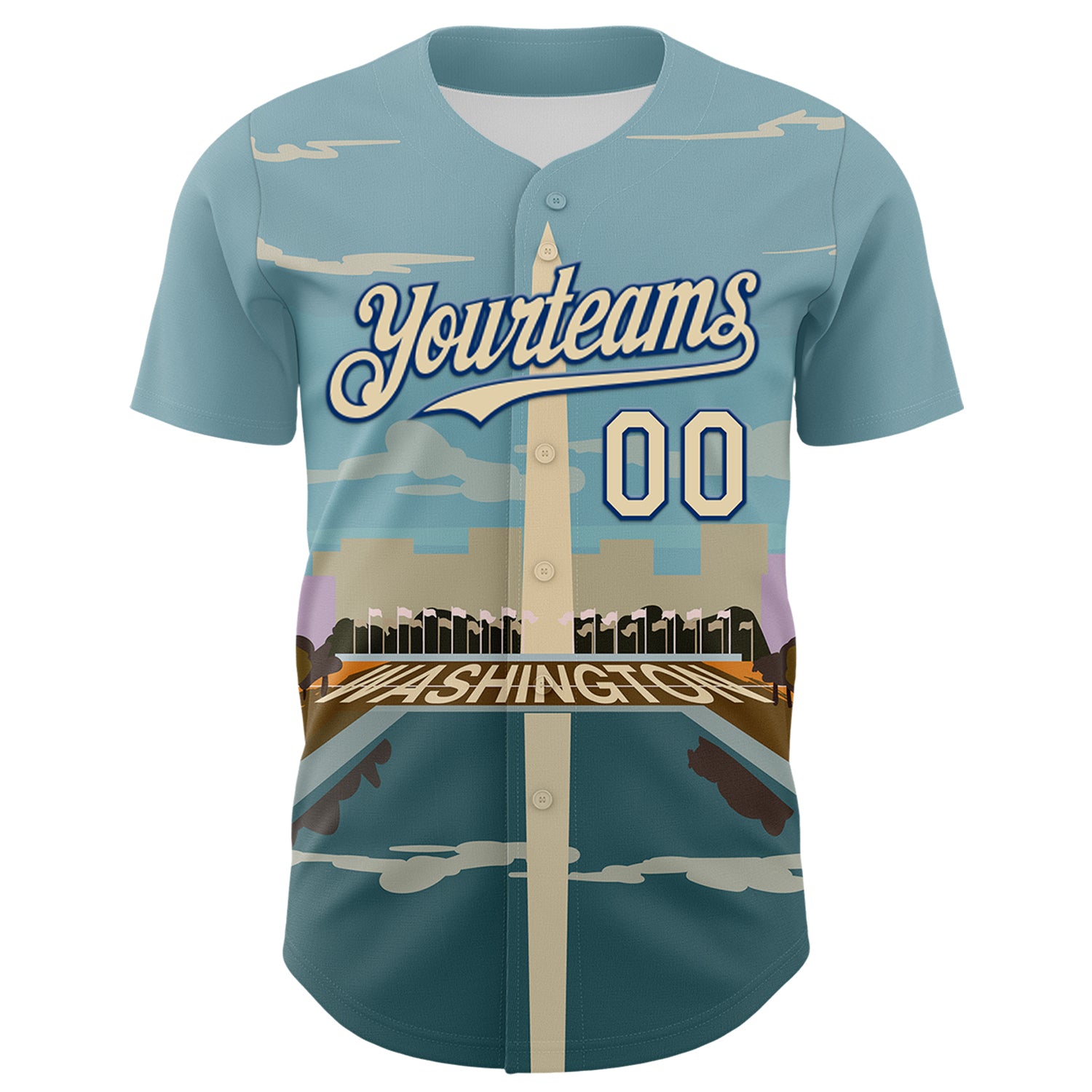 Custom Blue Cream-Royal 3D Pattern Design Washington Cityscape Skyline Authentic Baseball Jersey