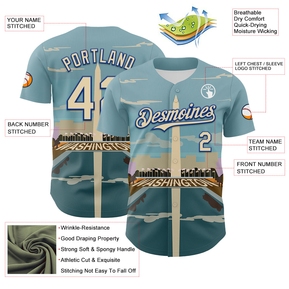 Custom Blue Cream-Royal 3D Pattern Design Washington Cityscape Skyline Authentic Baseball Jersey