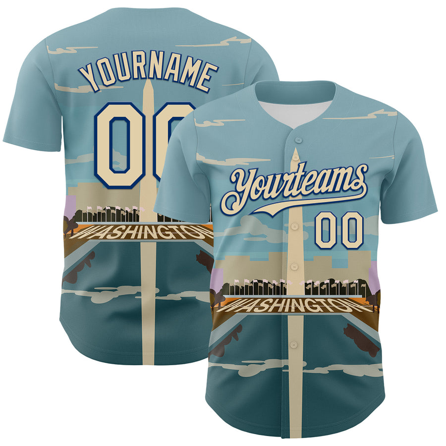Custom Blue Cream-Royal 3D Pattern Design Washington Cityscape Skyline Authentic Baseball Jersey