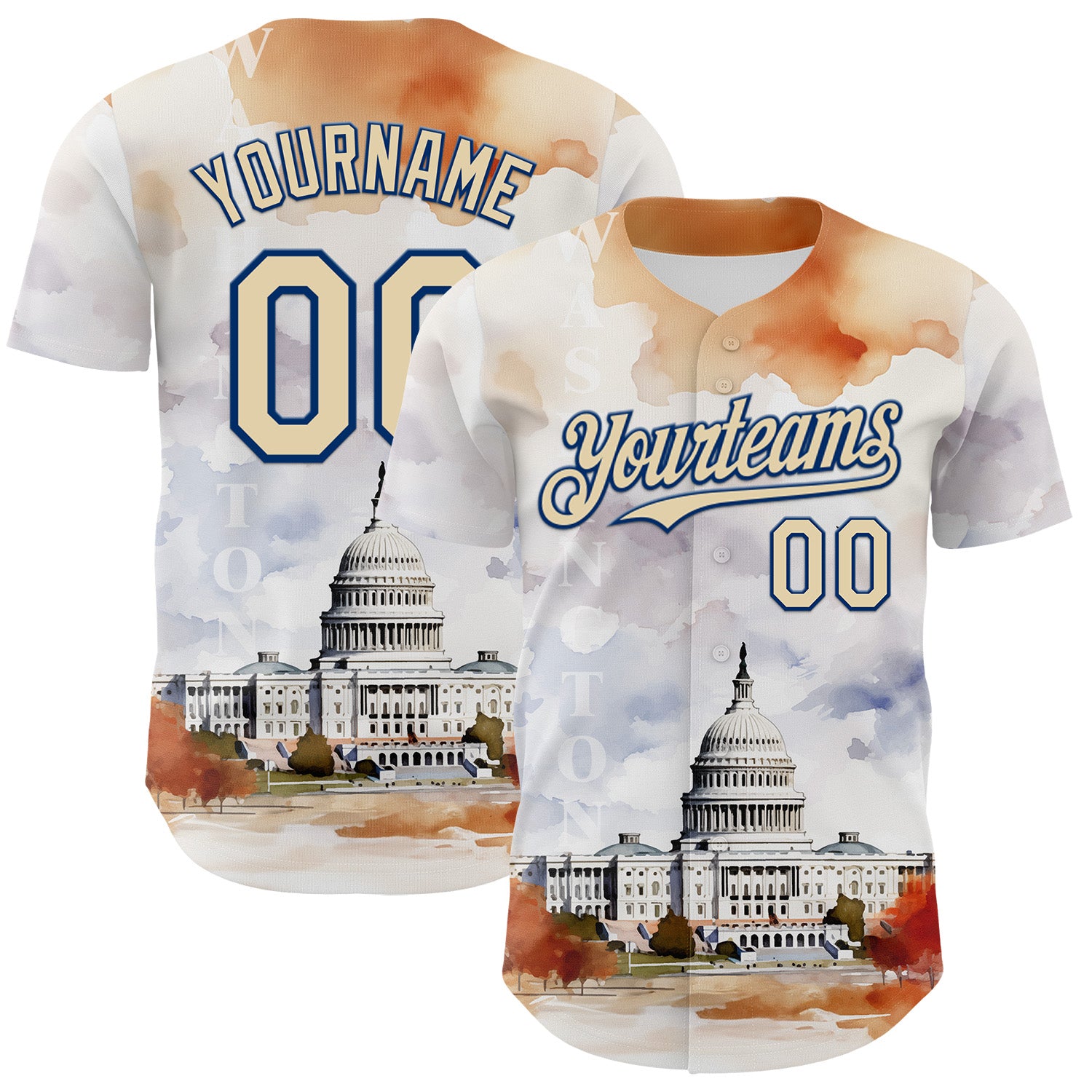 Custom White Cream-Royal 3D Pattern Design Washington Cityscape United States Capitol Authentic Baseball Jersey