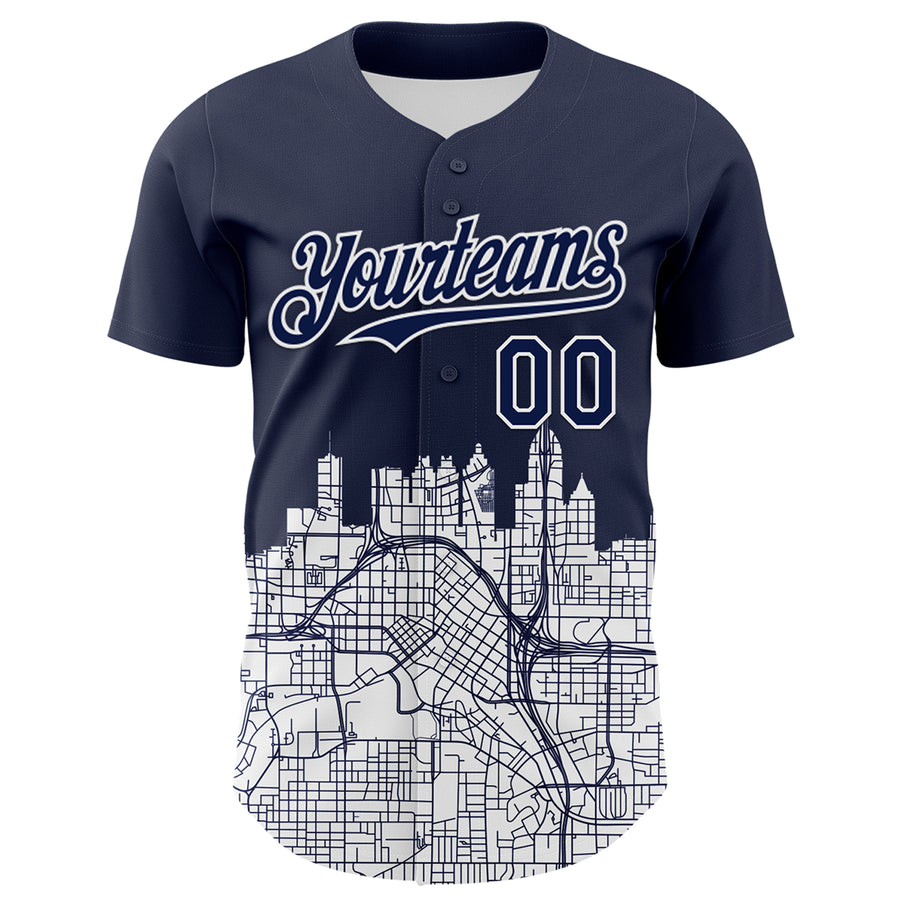 Custom Navy White 3D Pattern Design Atlanta Cityscape Urban Map Authentic Baseball Jersey