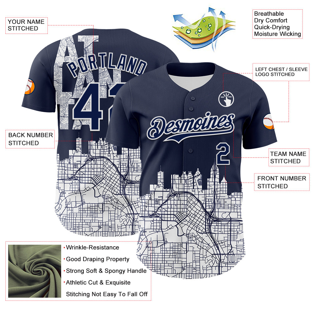 Custom Navy White 3D Pattern Design Atlanta Cityscape Urban Map Authentic Baseball Jersey