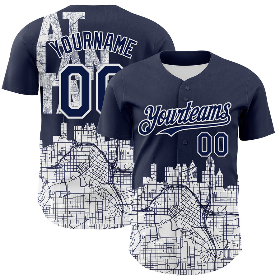 Custom Navy White 3D Pattern Design Atlanta Cityscape Urban Map Authentic Baseball Jersey
