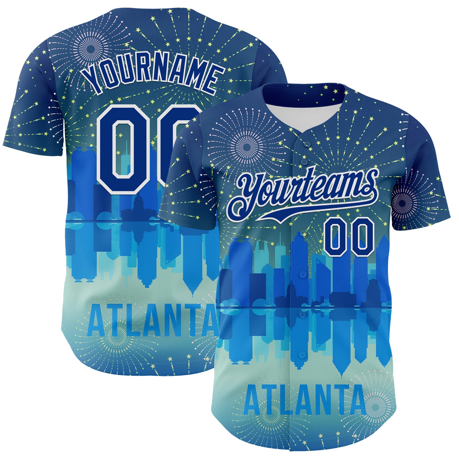 Custom Blue Royal-White 3D Pattern Design Atlanta Cityscape Fireworks Authentic Baseball Jersey