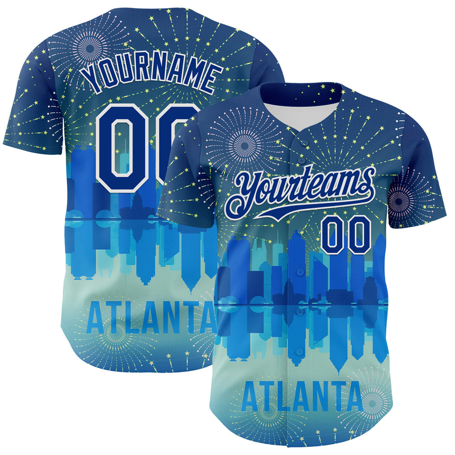 Custom Blue Royal-White 3D Pattern Design Atlanta Cityscape Fireworks Authentic Baseball Jersey