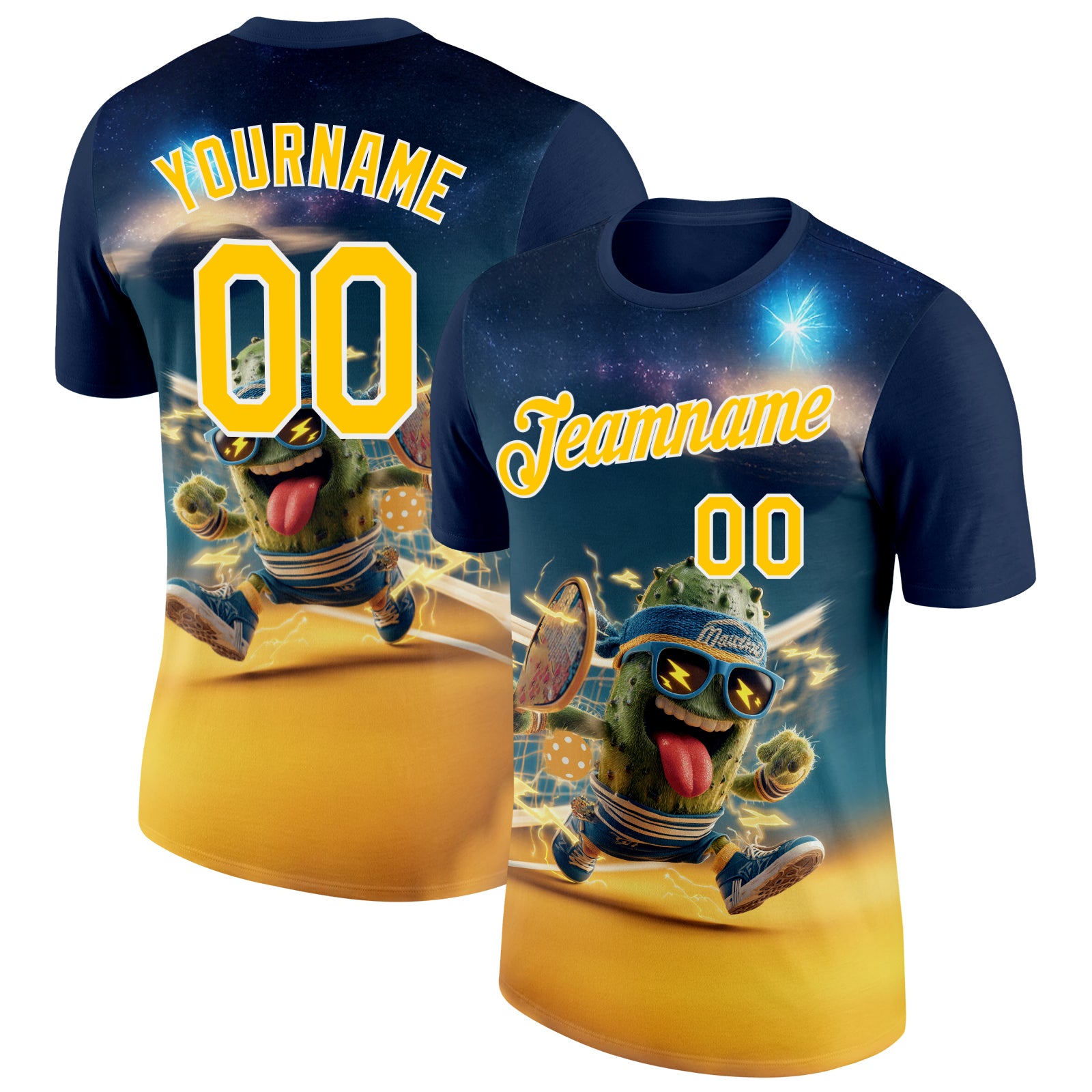 Custom Blue Yellow-White 3D Funny Pickleball Paddles Balls Performance T-Shirt