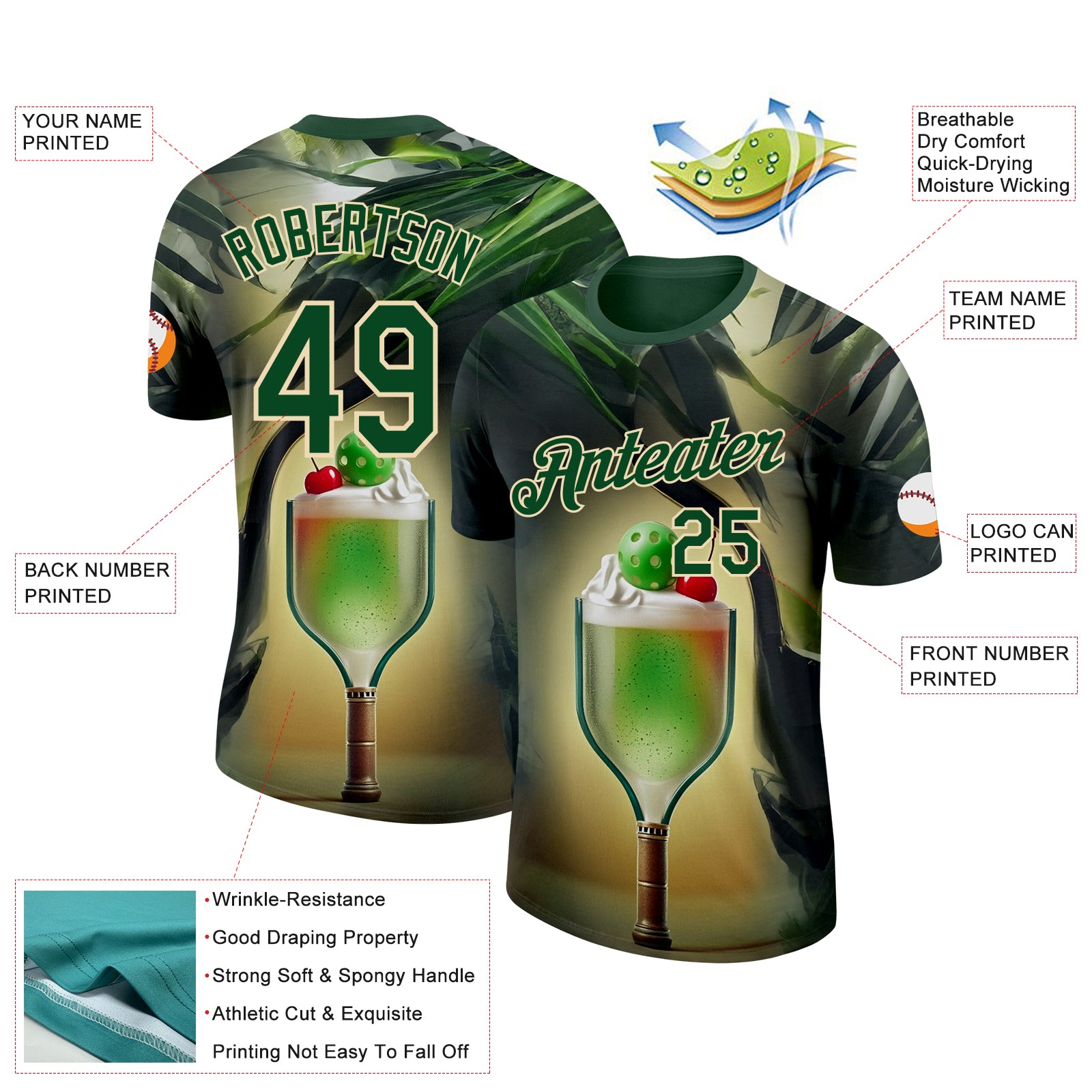 Custom Green Cream 3D Funny Pickleball Paddles Balls Smoothie Performance T-Shirt