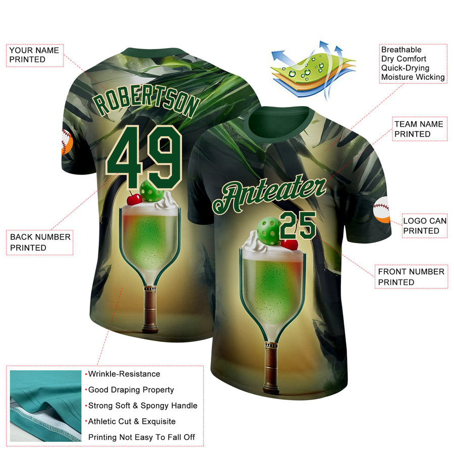 Custom Green Cream 3D Funny Pickleball Paddles Balls Smoothie Performance T-Shirt