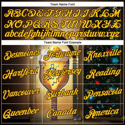 Custom Brown Yellow-Black 3D Funny Pickleball Paddles Balls Guitar Performance T-Shirt