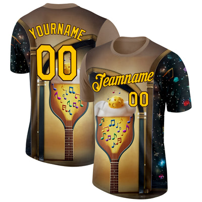 Custom Brown Yellow-Black 3D Funny Pickleball Paddles Balls Guitar Performance T-Shirt