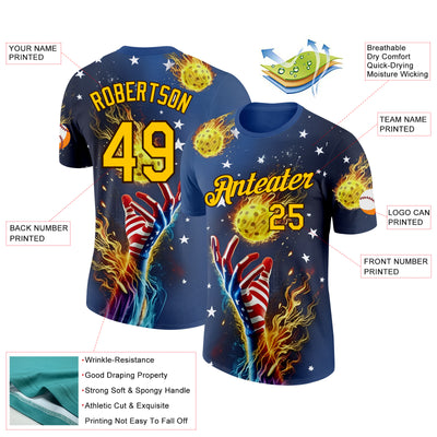 Custom Blue Yellow-Brown 3D Pickleball Balls American Flag Meteor Performance T-Shirt