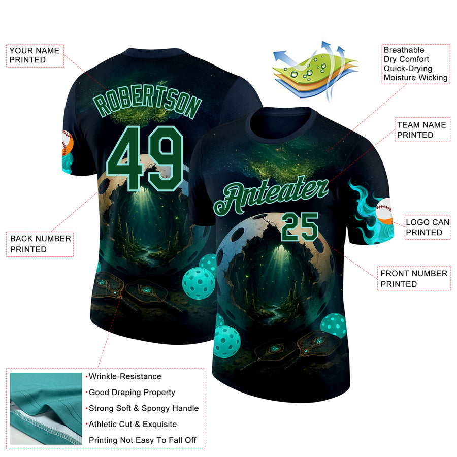 Custom Blue Green-Ice Blue 3D Pickleball Paddles Balls Fantasy Performance T-Shirt