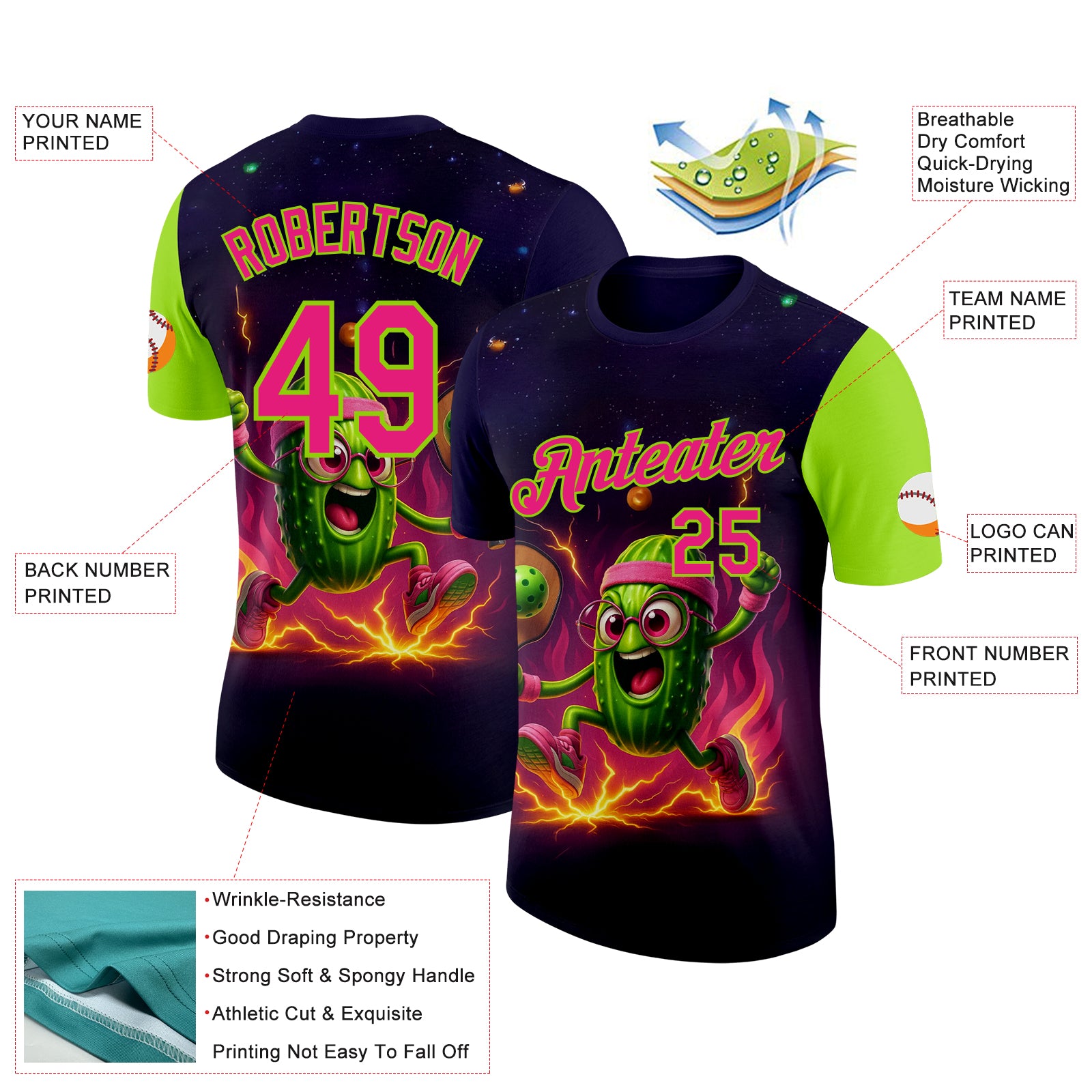 Custom Blue Hot Pink-Neon Green 3D Funny Pickleball Paddles Balls Performance T-Shirt