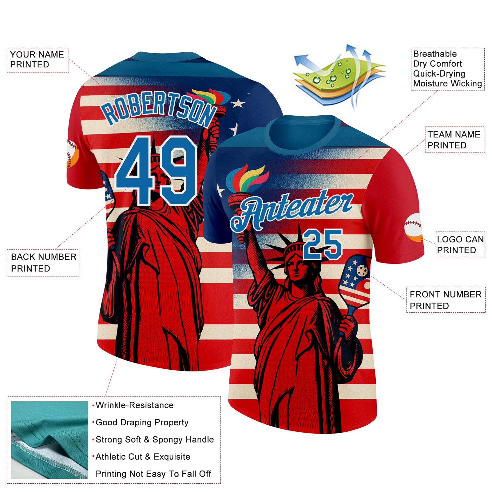 Custom Red Blue-White 3D Pickleball Paddles Balls American Flag Statue Of Liberty Performance T-Shirt