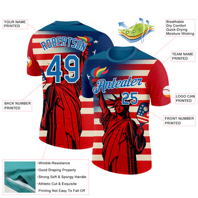 Custom Red Blue-White 3D Pickleball Paddles Balls American Flag Statue Of Liberty Performance T-Shirt